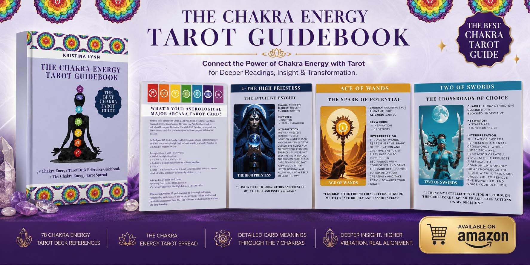 The Chakra Energy Tarot Guidebook with the book, sample pages, Tarot card meanings, and seven chakra features