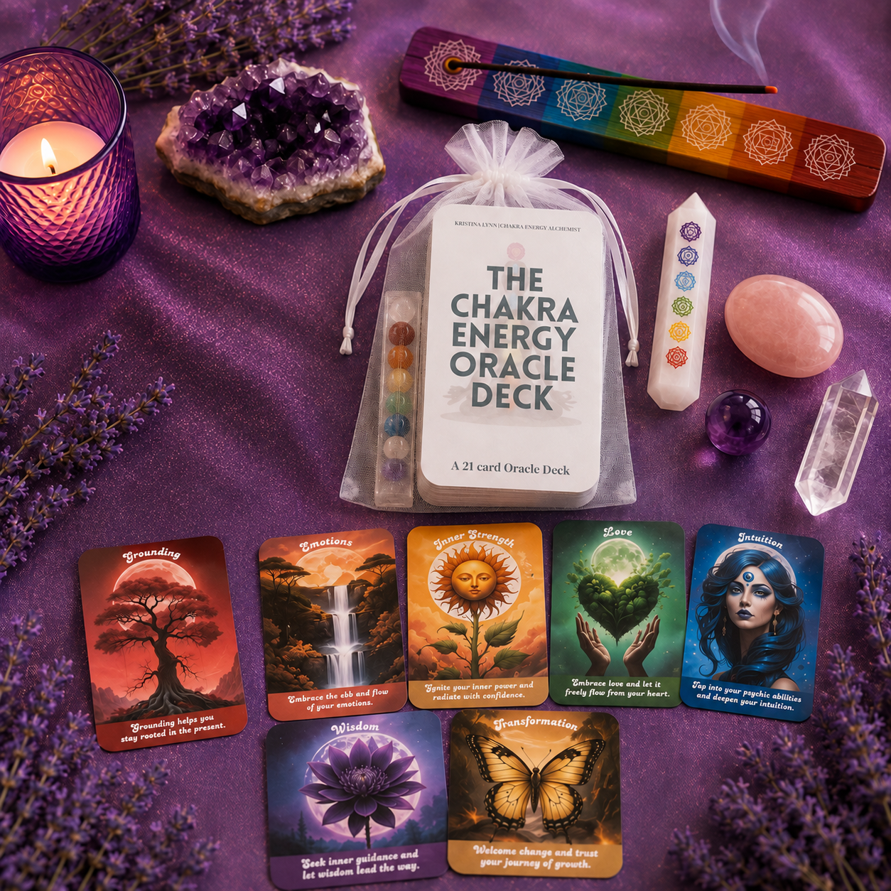 The 21-card Chakra Energy Oracle Deck with sample cards, crystals, and ritual tools