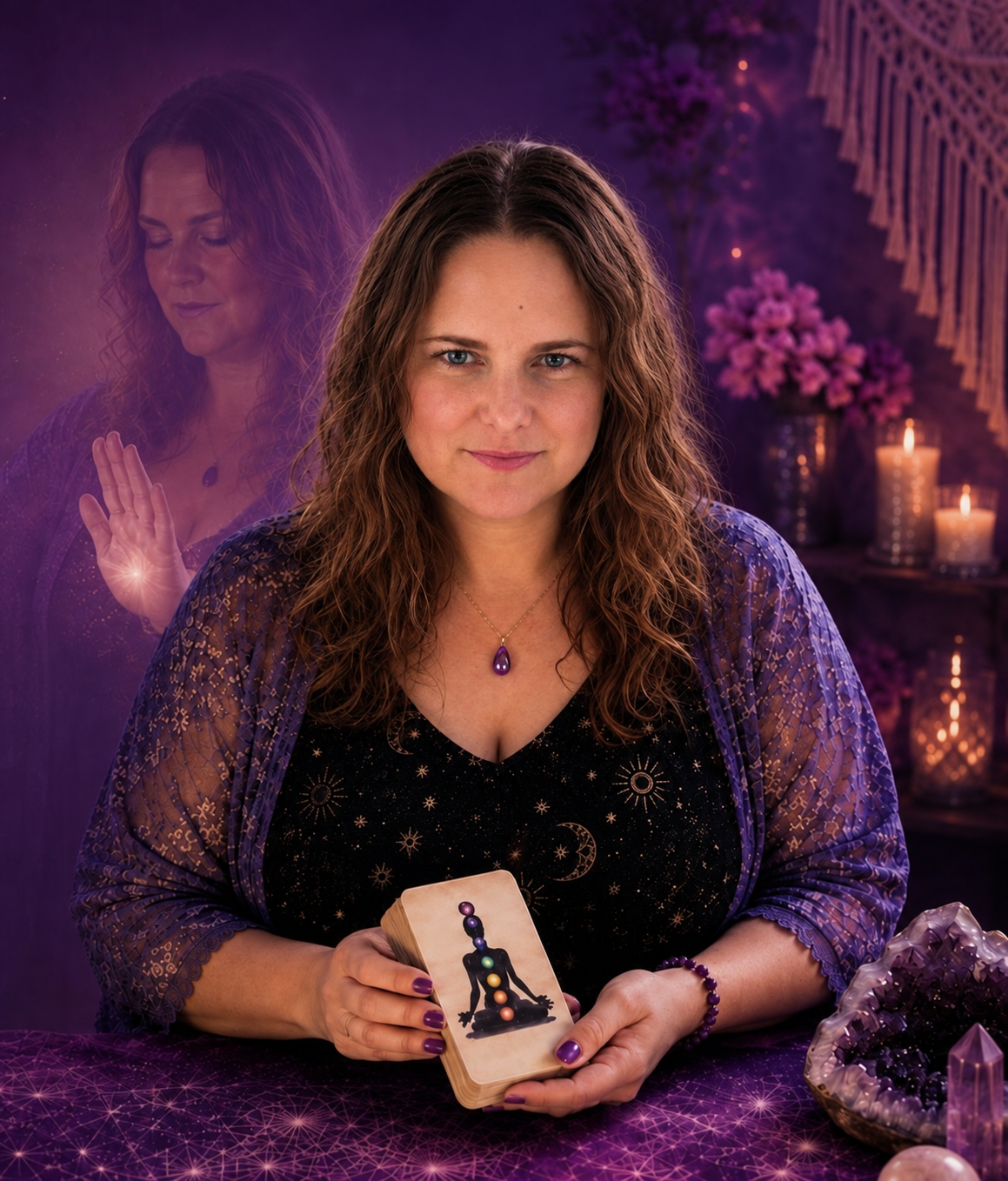 Kristina Lynn holding her Chakra Energy Tarot deck